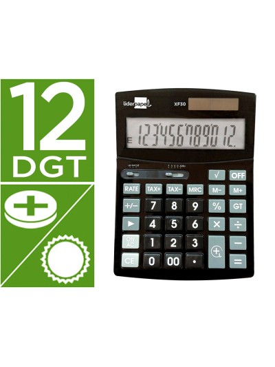 Calculadora liderpapel sobremesa xf30 12 digitos tasas solar y pilas color negro 190x140x30 mm