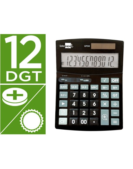 Calculadora liderpapel sobremesa xf30 12 digitos tasas solar y pilas color negro 190x140x30 mm