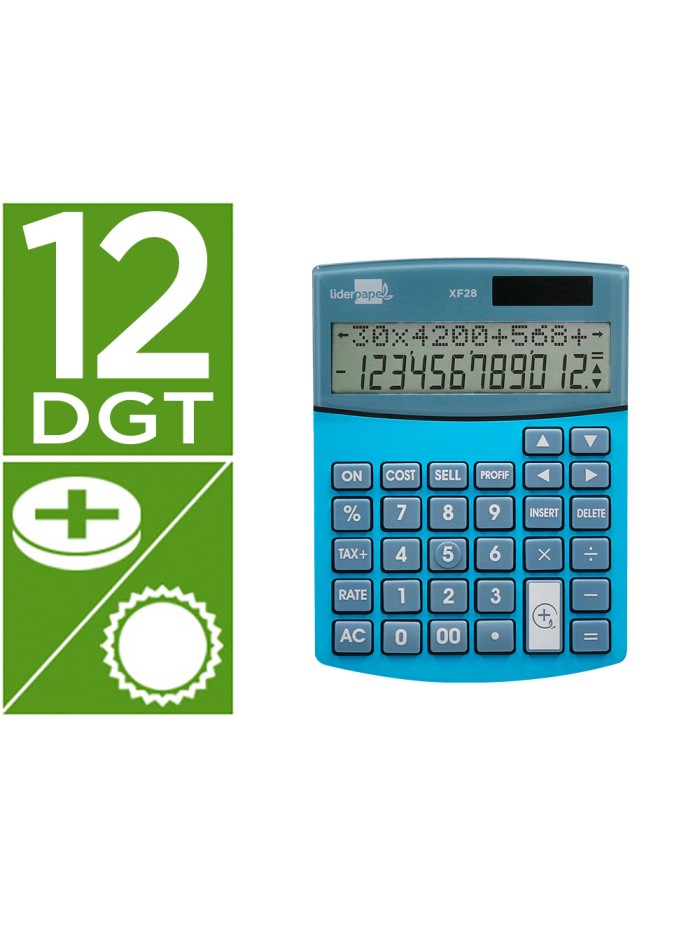 Calculadora liderpapel sobreme sa xf28 12 digitos dos lineas coste venta margen y tasas solar y pilas azul 155x115x25 mm Calculadora liderpapel sobreme sa xf28 12 digitos dos lineas coste venta margen y tasas solar y pilas azul 155x115x25 mm