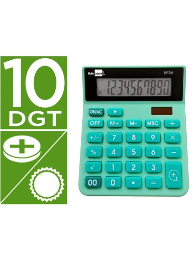 Calculadora liderpapel sobremesa xf24 10 digitos solar y pilas color verde 127x105x24 mm