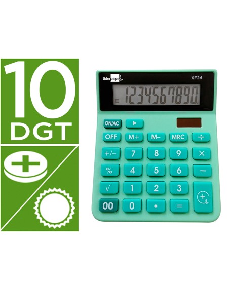 Calculadora liderpapel sobremesa xf24 10 digitos solar y pilas color verde 127x105x24 mm