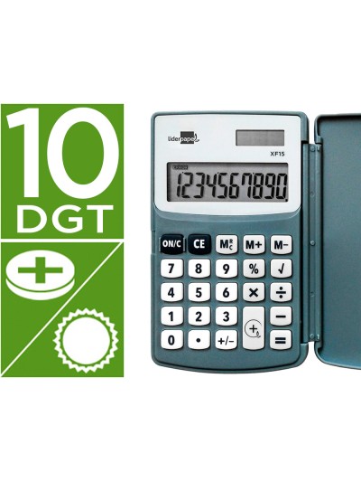 Calculadora liderpapel bolsillo xf15 10 digitos con tapa solar y pilas color gris 123x75x12 mm
