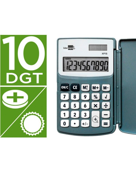 Calculadora liderpapel bolsillo xf15 10 digitos con tapa solar y pilas color gris 123x75x12 mm
