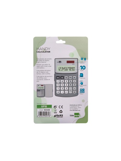 Calculadora liderpapel bolsillo xf15 10 digitos con tapa solar y pilas color gris 123x75x12 mm