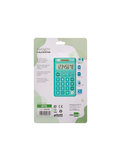 Calculadora liderpapel bolsillo xf13 8 digitos solar y pilas color verde 115x65x8 mm