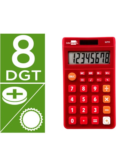 Calculadora liderpapel bolsillo xf11 8 digitos solar y pilas color rojo 115x65x8 mm