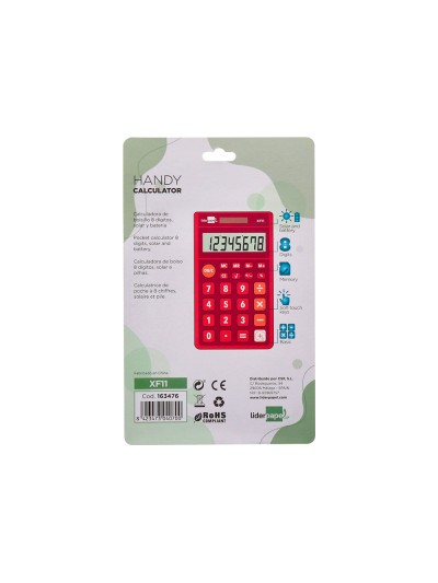 Calculadora liderpapel bolsillo xf11 8 digitos solar y pilas color rojo 115x65x8 mm