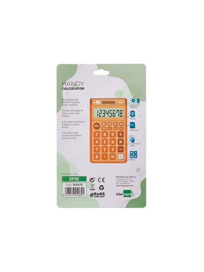 Calculadora liderpapel bolsillo xf10 8 digitos solar y pilas color naranja 115x65x8 mm