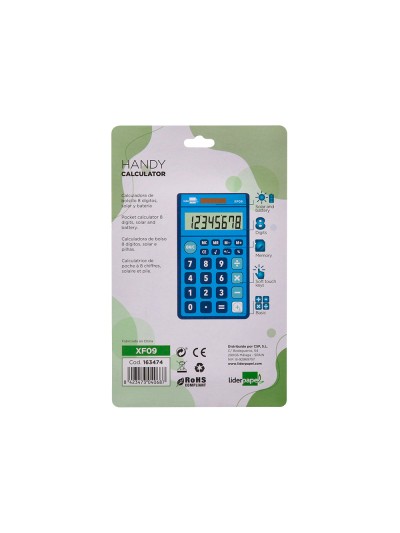 Calculadora liderpapel bolsillo xf09 8 digitos solar y pilas color azul 115x65x8 mm