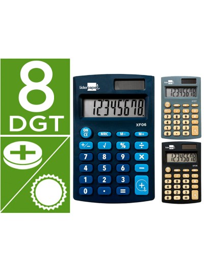 Calculadora liderpapel expositor 16 unidades colores bolsillo xf08 8 digitos solar y pilas 98x62x8 mm