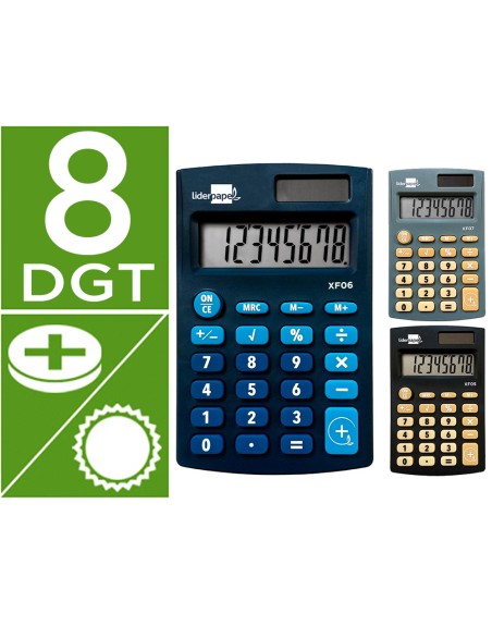 Calculadora liderpapel expositor 16 unidades colores bolsillo xf08 8 digitos solar y pilas 98x62x8 mm