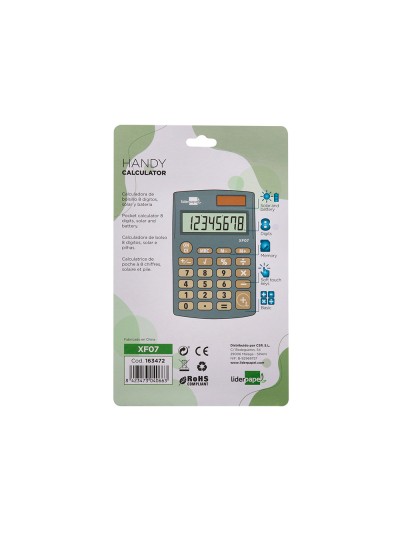 Calculadora liderpapel bolsillo xf07 8 digitos solar y pilas color gris 98x62x8 mm