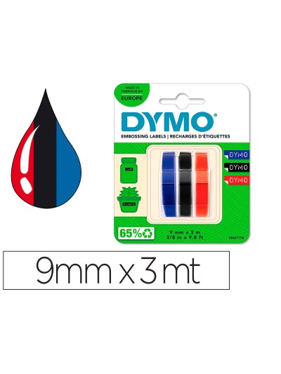 Cinta dymo 3d 9mm x 3mt para rotuladora omega/junior color azul/negro/rojo blister 3 unidades
