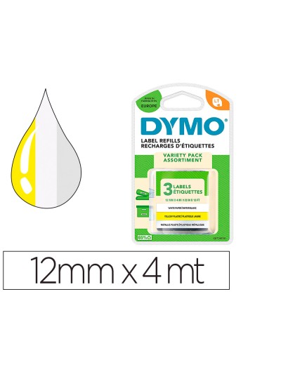 Cinta dymo metalizada letratag 12mm x 4mt papel blanco / plastico amarillo / metalica plata pack de 3