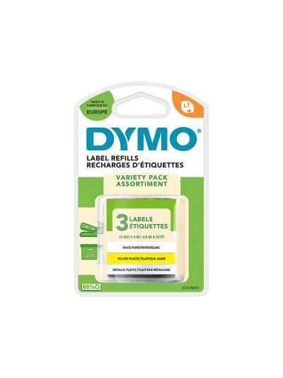 Cinta dymo metalizada letratag 12mm x 4mt papel blanco / plastico amarillo / metalica plata pack de 3