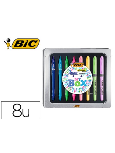 Set bic caja metalica 4 gelocity quick dry colores surtidos + 4 fluorescentes grip colores pastel surtidos