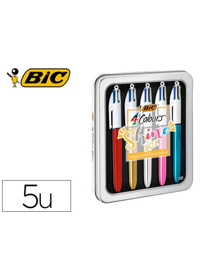 Boligrafo bic cuatro colores shine box caja metalica 5 unidades surtidas