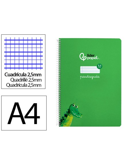 Cuaderno espiral liderpapel din a4 pautaguia tapa dura 80h 90 gr cuadro pautado 2,5mm color verde