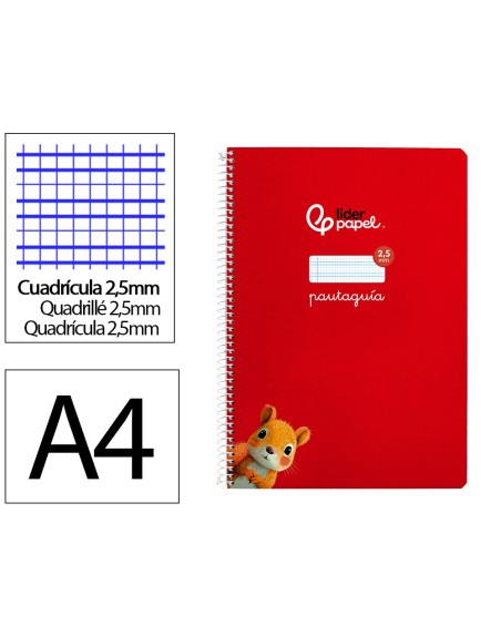 Cuaderno espiral liderpapel din a4 pautaguia tapa dura 80h 90 gr cuadro pautado 2,5mm color rojo