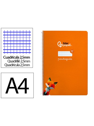 Cuaderno espiral liderpapel din a4 pautaguia tapa dura 80h 90 gr cuadro pautado 2,5 mm color naranja