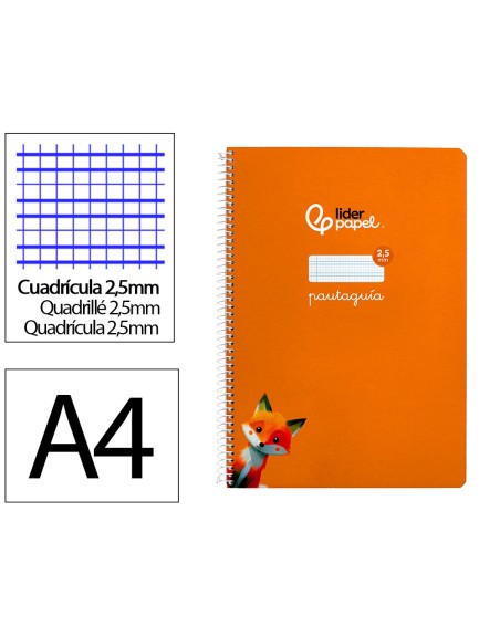 Cuaderno espiral liderpapel din a4 pautaguia tapa dura 80h 90 gr cuadro pautado 2,5 mm color naranja