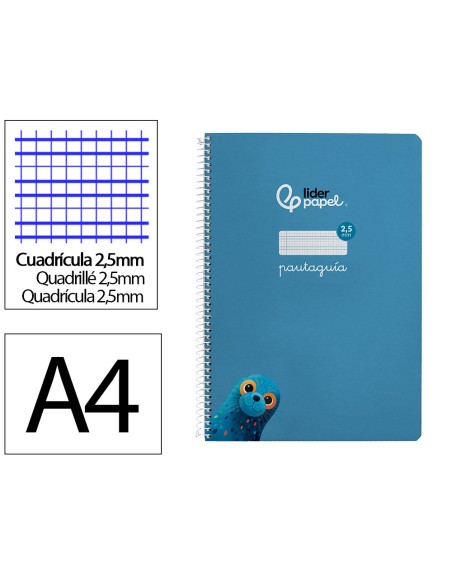 Cuaderno espiral liderpapel din a4 pautaguia tapa dura 80h 90 gr cuadro pautado 2,5mm color azul