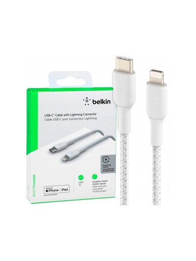 Cable trenzado belkin caa004bt1mwh usb-c a lightning boost charge largo 1 m color blanco