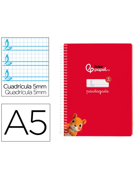 Cuaderno espiral liderpapel din a5 pautaguia tapa blanda 40h 75 gr cuadro pautado 5mm color rojo
