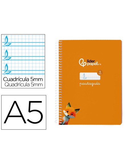 Cuaderno espiral liderpapel din a5 pautaguia tapa blanda 40 h 75 gr cuadro pautado 5mm color naranja
