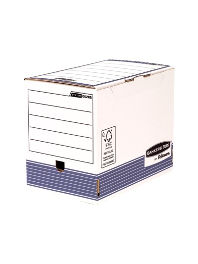 Caja archivo definitivo fellowes a4 carton reciclado 100% lomo 200 mm montaje automatico color azul