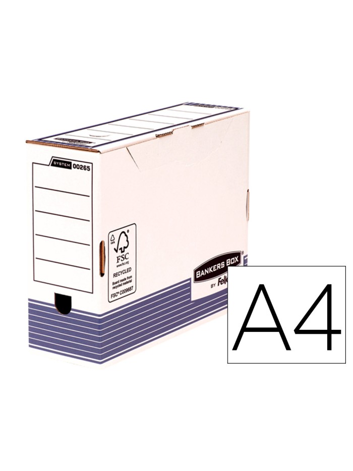 Caja archivo definitivo fellowes a4 carton reciclado 100% lomo 100 mm montaje automatico color azul Caja archivo definitivo fellowes a4 carton reciclado 100% lomo 100 mm montaje automatico color azul