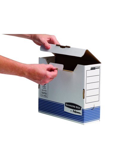 Caja archivo definitivo fellowes a4 carton reciclado 100% lomo 100 mm montaje automatico color azul