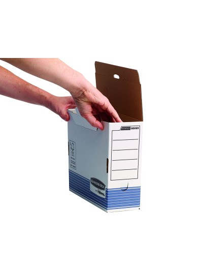 Caja archivo definitivo fellowes a4 carton reciclado 100% lomo 100 mm montaje automatico color azul