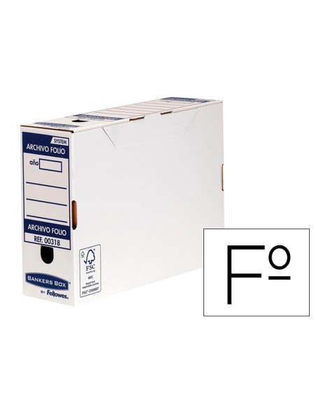 Caja archivo definitivo fellowes folio carton reciclado 100% lomo 100 mm montaje automatico color azul