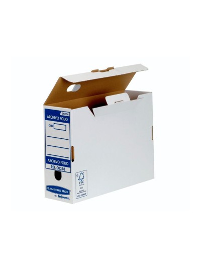 Caja archivo definitivo fellowes folio carton reciclado 100% lomo 100 mm montaje automatico color azul