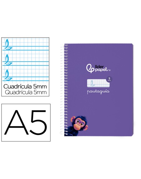 Cuaderno espiral liderpapel din a5 pautaguia tapa blanda 40h 75gr cuadro pautado 5mm color lila