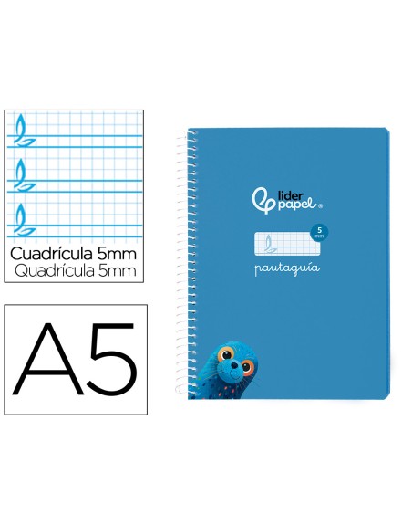 Cuaderno espiral liderpapel din a5 pautaguia tapa blanda 40h 75 gr cuadro pautado 5mm color azul