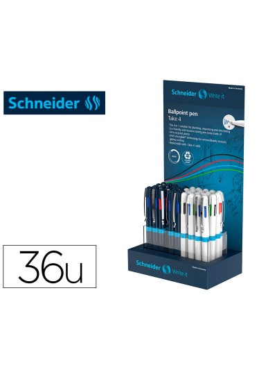 Boligrafo schneider take 4 reciclado 92% cuatro colores expositor de 36 unidades 160x100x305 mm