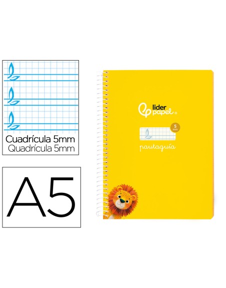 Cuaderno espiral liderpapel din a5 pautaguia tapa blanda 40h 75 gr cuadro pautado 5mm color amarillo
