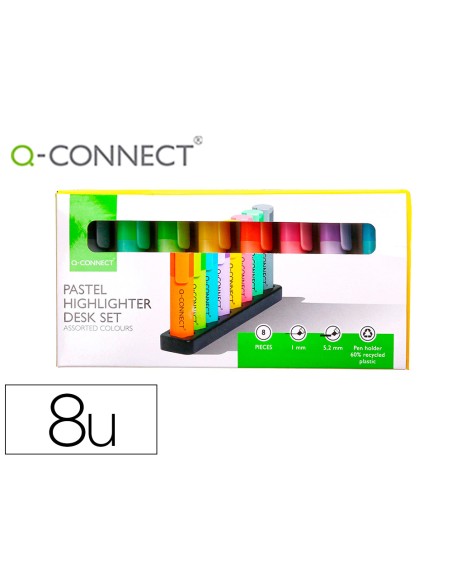 Rotulador q-connect fluorescente pastel punta biselada estuche de sobremesa 8 colores surtidos