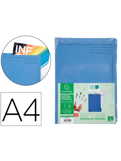 Carpeta dossier uñero exacompta clean safe cartulina 400 gr din a4 azul paquete de 5 unidades