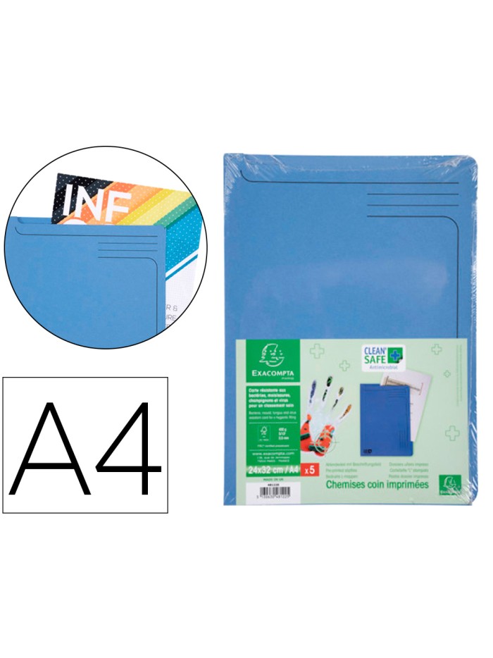 Carpeta dossier uñero exacompta clean safe cartulina 400 gr din a4 azul paquete de 5 unidades Carpeta dossier uñero exacompta clean safe cartulina 400 gr din a4 azul paquete de 5 unidades