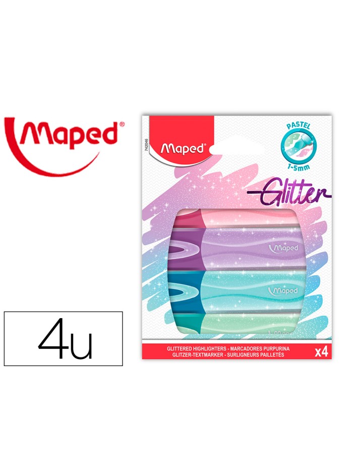 Rotulador maped fluorescente peps pastel con glitter estuche de 4 unidades colores surtidos Rotulador maped fluorescente peps pastel con glitter estuche de 4 unidades colores surtidos