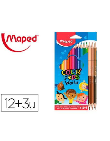 Lapices de colores maped color peps world caja de 12 colores surtidos + 3 duo tonos de piel