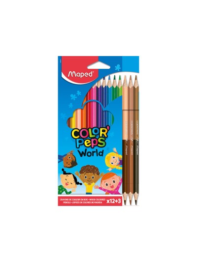 Lapices de colores maped color peps world caja de 12 colores surtidos + 3 duo tonos de piel