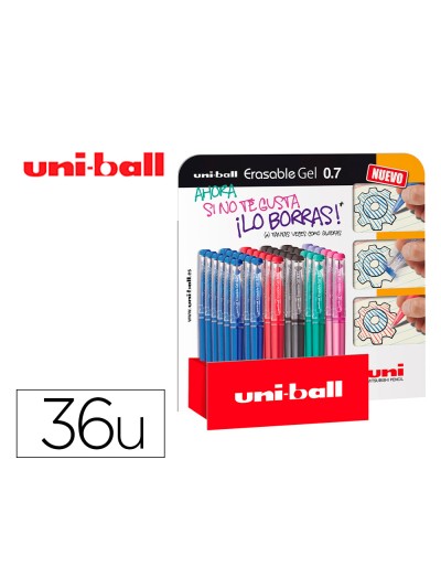 Rotulador uni-ball roller uf-222 tinta gel borrable 0,7 mm expositor de 36 unidades colores surtidos