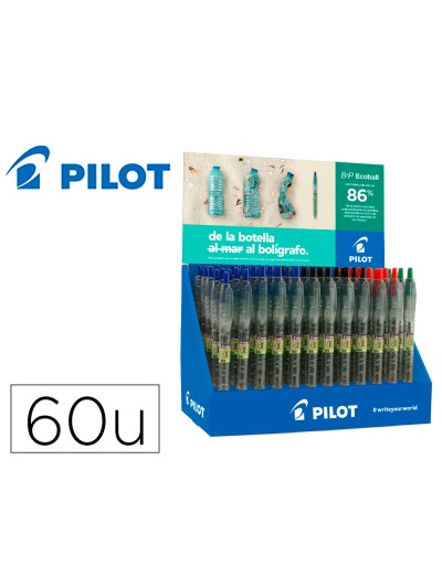 Boligrafo pilot ecoball plastico reciclado expositor de 60 unidades colores surtidos + 10 boligrafos