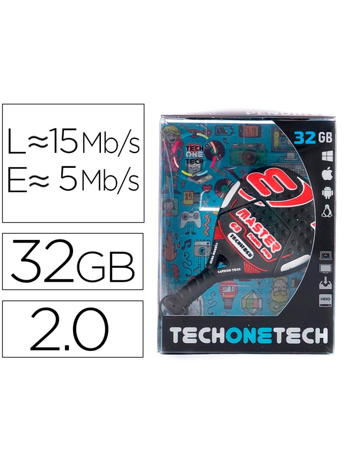 Memoria usb tech on tech raqueta padel roja 32 gb Memoria usb tech on tech raqueta padel roja 32 gb