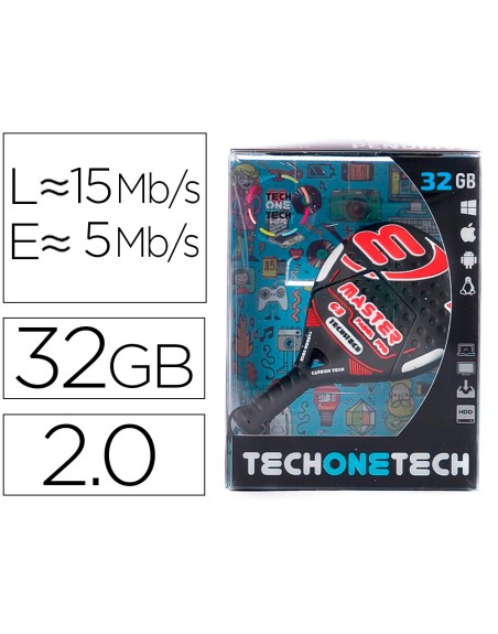 Memoria usb tech on tech raqueta padel roja 32 gb