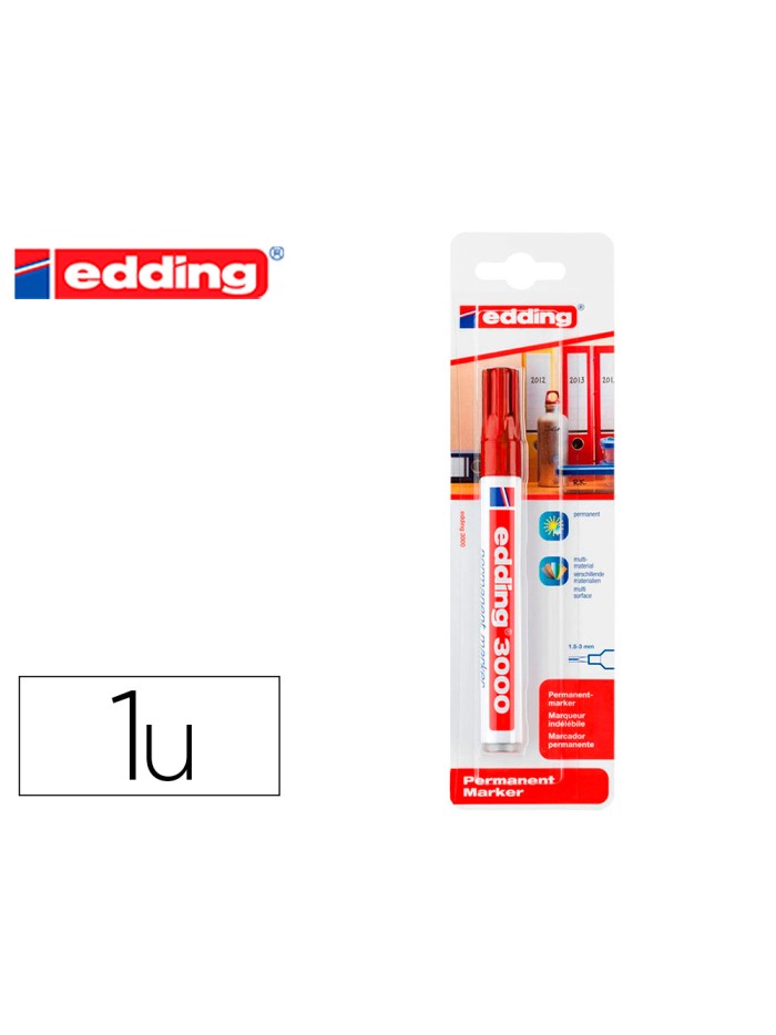 Rotulador edding marcador permanente 3000 rojo n.2 punta redonda 1,5-3 mm blister de 1 unidad Rotulador edding marcador permanente 3000 rojo n.2 punta redonda 1,5-3 mm blister de 1 unidad